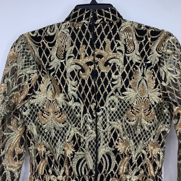 Akira Dress Black Gold Embroidered Sequin Long Sleeve Mock Neck - Picture 10 of 13